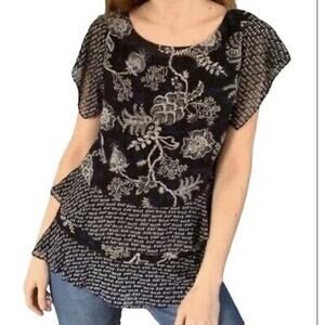 😎 CAbi #5355 Hybrid Print Ruffle Short Sleeve Blouse Size Small Black Blue